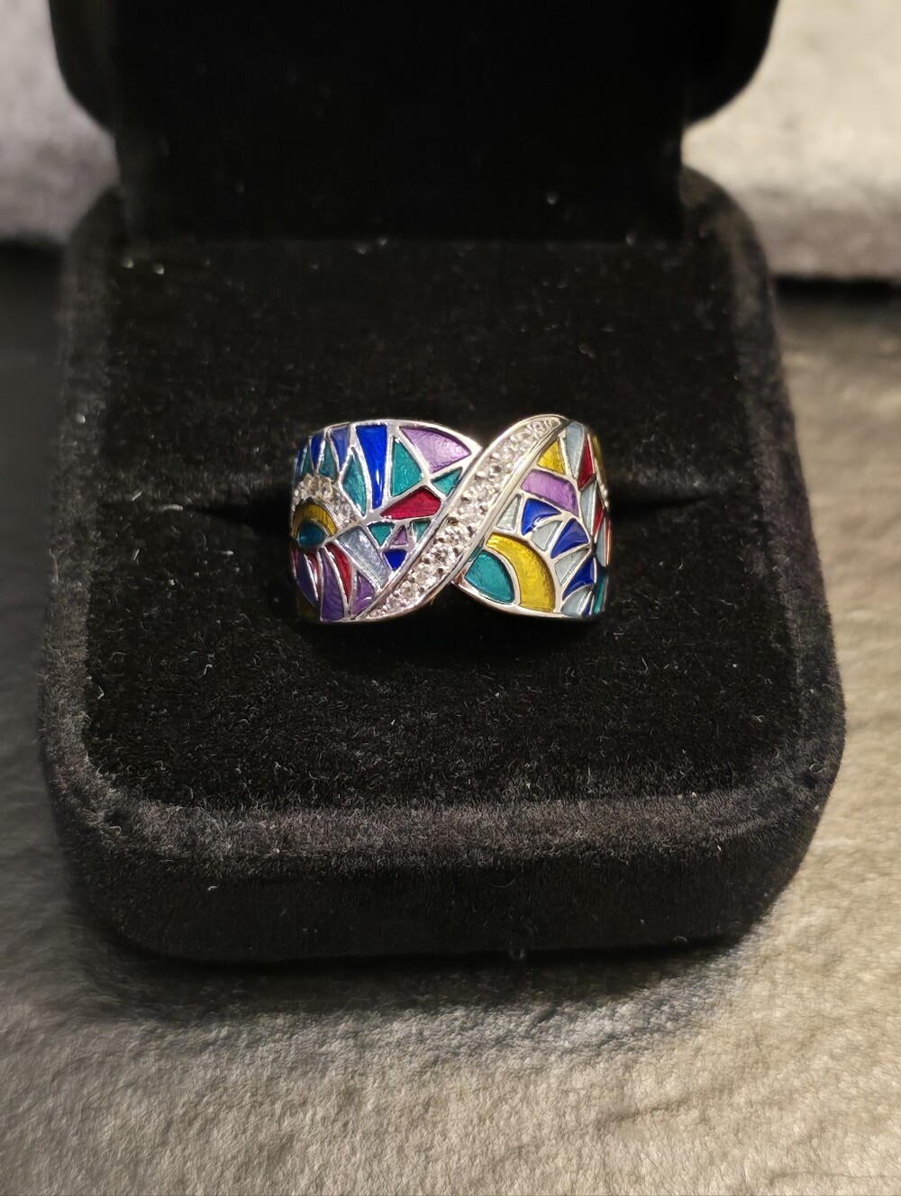 Boho Multicolor Enamel Wide Band Ring Cubic Zirconia Silver Tone Fashion Size 7